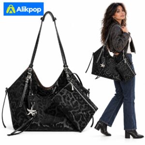 Alikpop Black Leopard hobo shoulder bag with matching zip pouch - bag and model composite