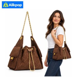 Alikpop quilted chain strap bucket bag in coffee brown beside a model