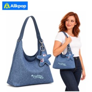 Alikpop dark blue denim-look hobo shoulder bag with star charm, shown beside a model