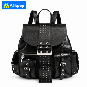 Alikpop black studded backpack with silver-tone buckle details, front view