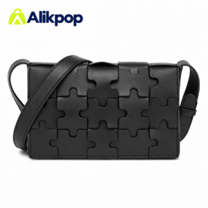 Black Alikpop 8035 puzzle-panel PU crossbody bag on a white background